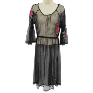 Potters Pot Women Small Sheer Black Mesh Embroidered Floral Flower Coverup Dress